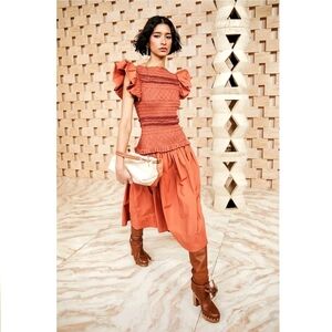 Ulla Johnson Madeline Ruffle Smocked Tarracota Midi Dress